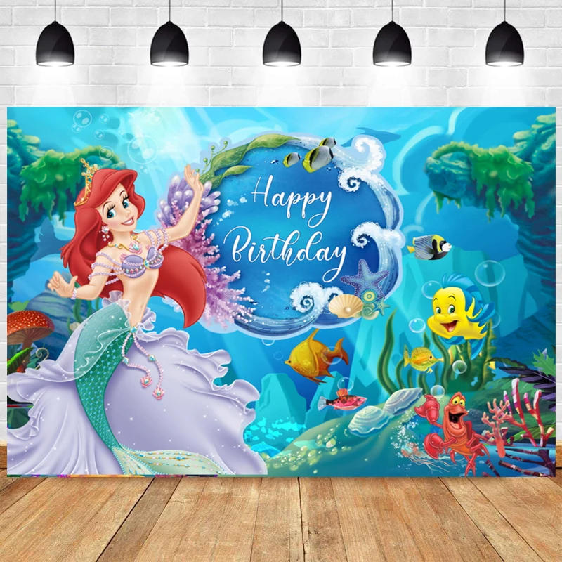 

Little Mermaid Ariel Backdrop Girls Happy Birthday Party Kids Ocean Photograph Background Photo Banner Decoration Studio Prop