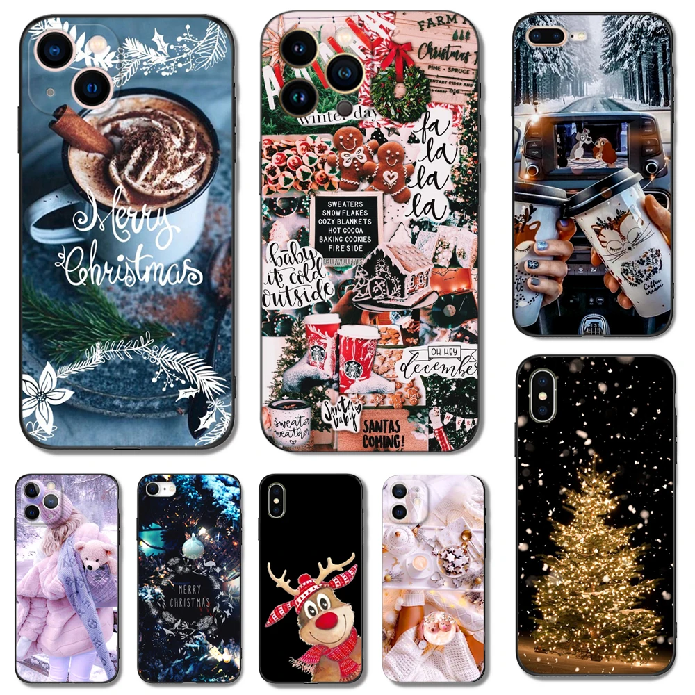 Черный чехол из ТПУ для iphone 14 13 12 11 mini pro MAX 5 5s se 2020 6 6s 7 8 plus x 10 XR XS с рождественским
