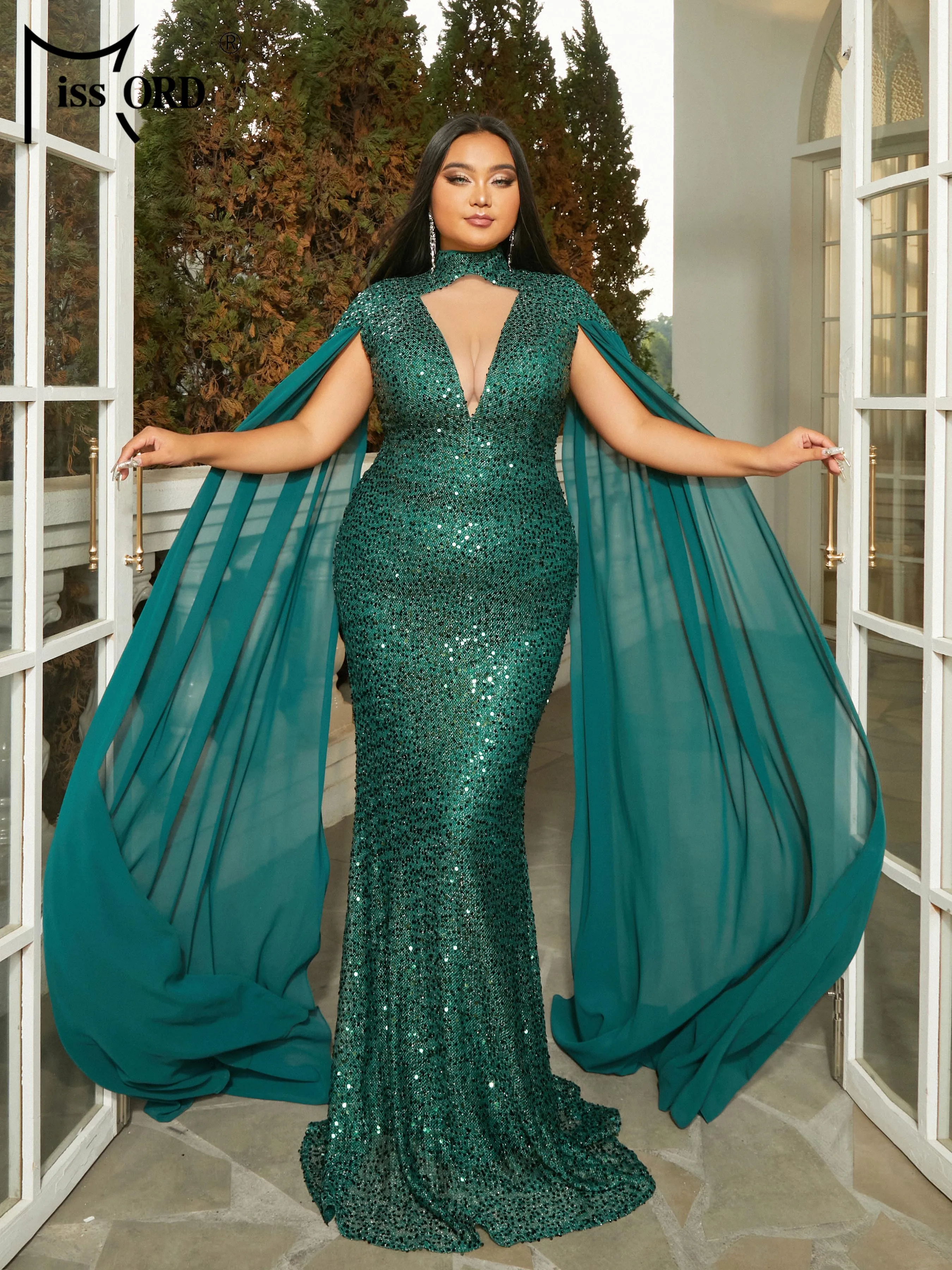 Missord размера плюс роскошное платье высокого качества с длинными рукавами зеленое