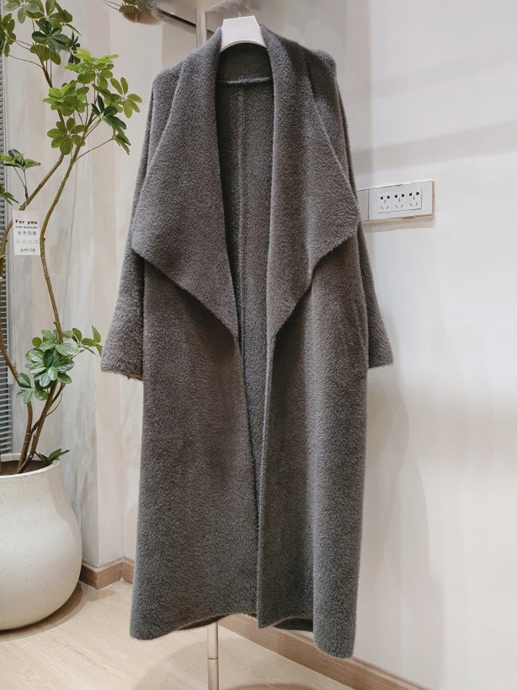 [EAM] Коричневый большой размер толстый длинный вязаный кардиган свитер с