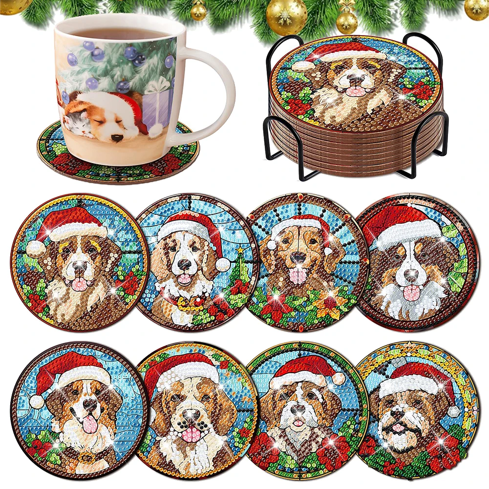8Pcs Wooden Christmas Cartoon Dog DIY Diamond Art Coaster Crafts with Holder Painting for Beginners