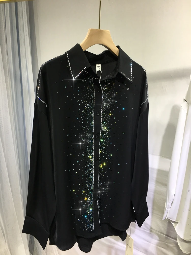 

High Quality Blingbling Hot Drilling Women Shirts Single-breasted Turn-down Collar Long Sleeve Blouses Mid-long Casual Black Top