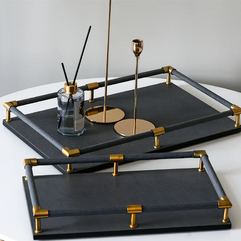 

Leather Storage Tray Nordic Handle Rectangle Pallet Large Tea Set Groceries Desktop Storage Kitchen Hotel Service Tray Decorate