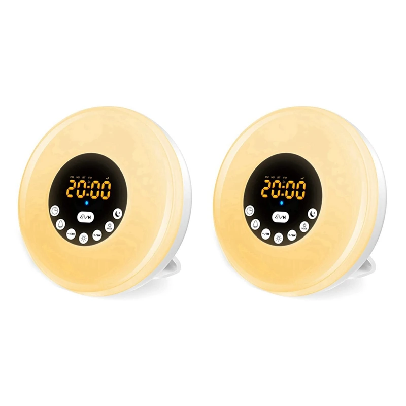 

2X Wake Up Light,Bedside Sunrise Alarm Clock Night Light,Dimmable Warm & Colorful Light,Natural Sounds,FM Radio