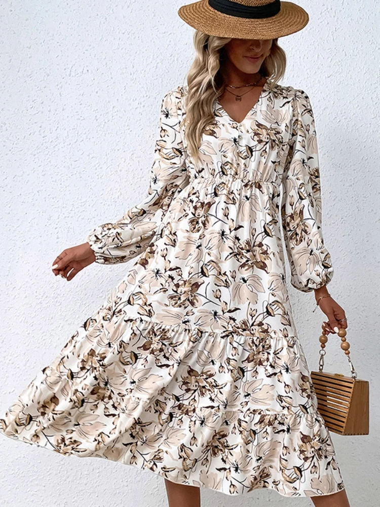 

Женское платье с пышными рукавами и V-образным вырезом, весна-осень