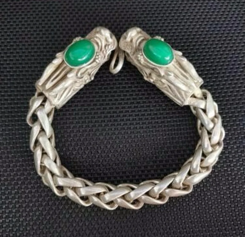 

Chinese Fashion Women Men Green Jade Inlaid Old Tibetan Silver Bracelet