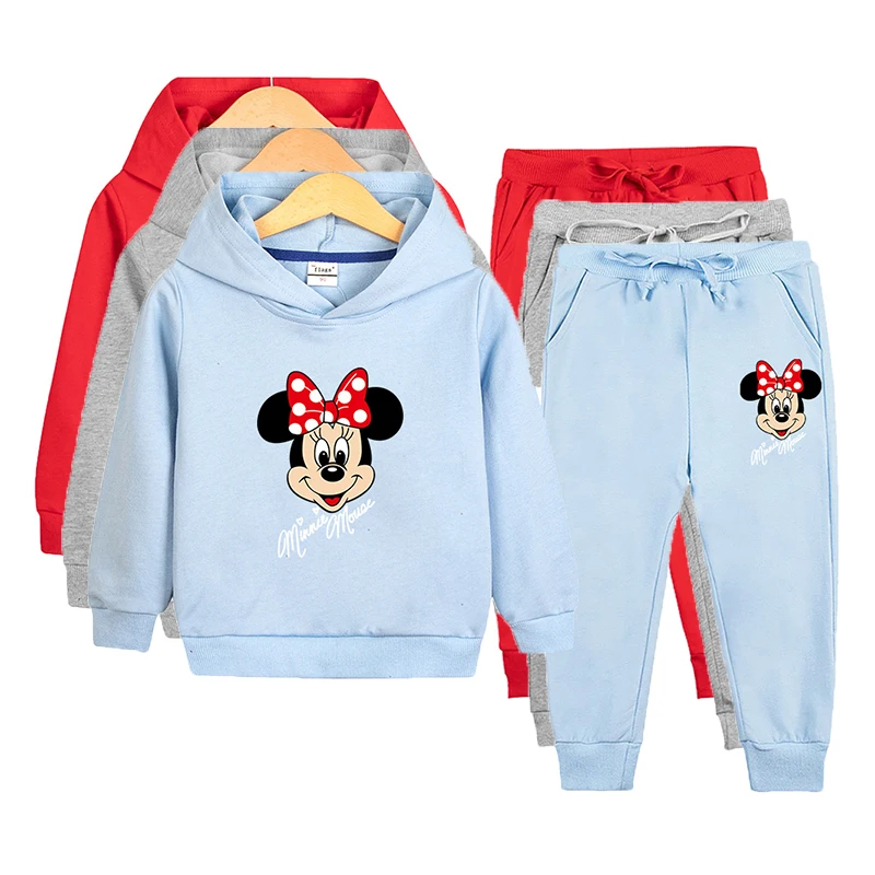 Minnie Mouse Clothes Girls Hooded Sweatshirt Set Spring Autumn New Kids Girl Disney Two Piece Outfits 2-10Y Children Costumes