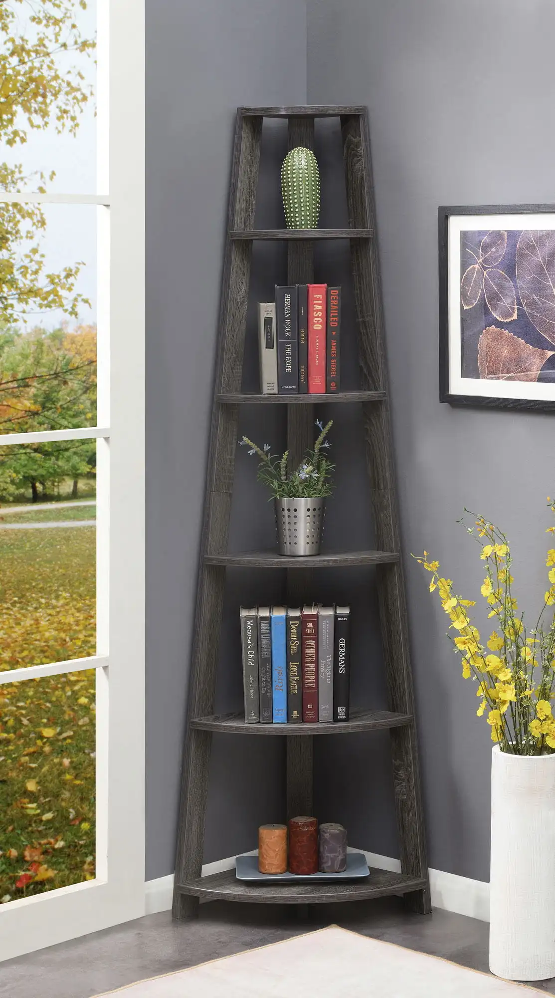 

Convenience Concepts Newport 6 Tier Corner Bookshelf, Weathered Gray