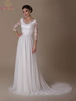 white lace chiffon wedding dresses 2022 a line court train v neck 34 three quarter sleeves bridal gown elegant beach bride