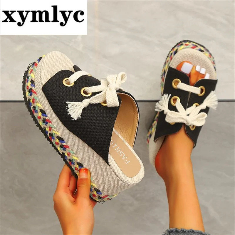 

Thick-soled slippers women's large size straw lace-up high-heeled sandals 2022 summer new wedge heel color-blocking slippers 43
