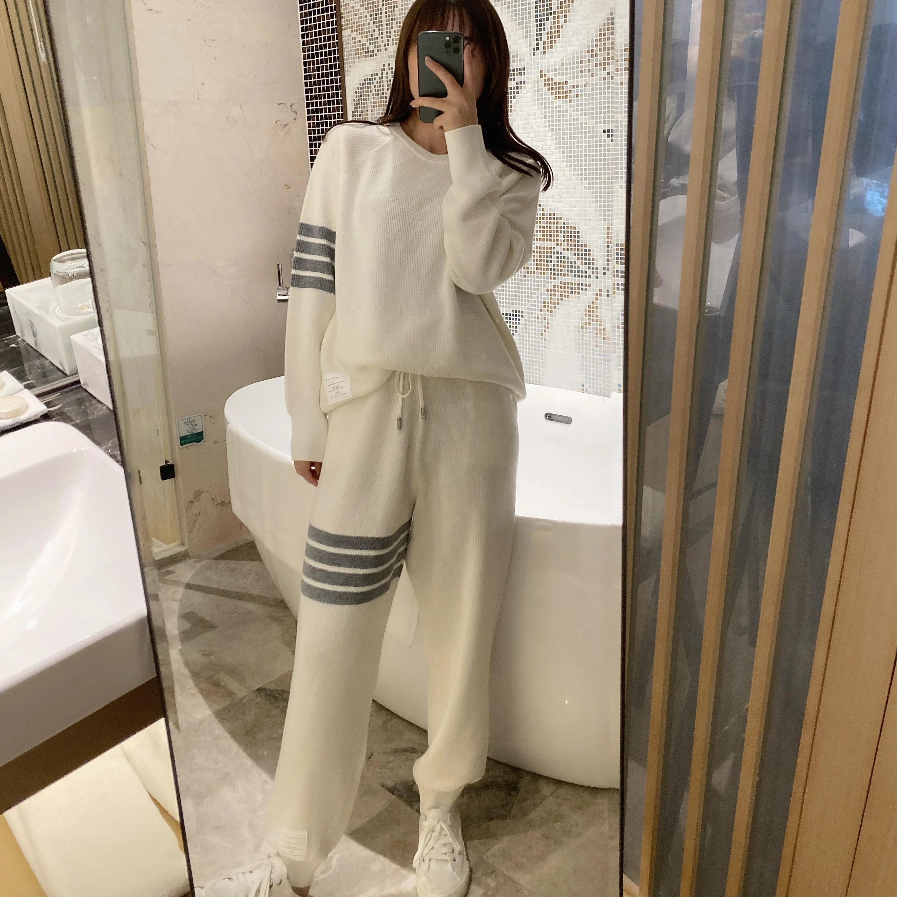 TB Waffle 4-bar pullover sweater+casual sports trousers two-piece suit for women