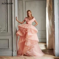 luxurious elegant pink princess long prom dresses off the shoulder long tulle ruffles ball gowns women evening party night gowns