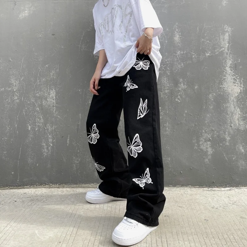 DEEPTOWN Y2K Black Printed Jeans Men Vintage Denim Pants Loose Fashion Straight Trousers Male Casual Streetwear Designer Retro
