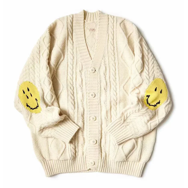 

KAPITAL 23AW Smiling Face Wool Twisted Flower Knit Fallow Baggy Men's And Women's Cardigan Sweater For Men Wome