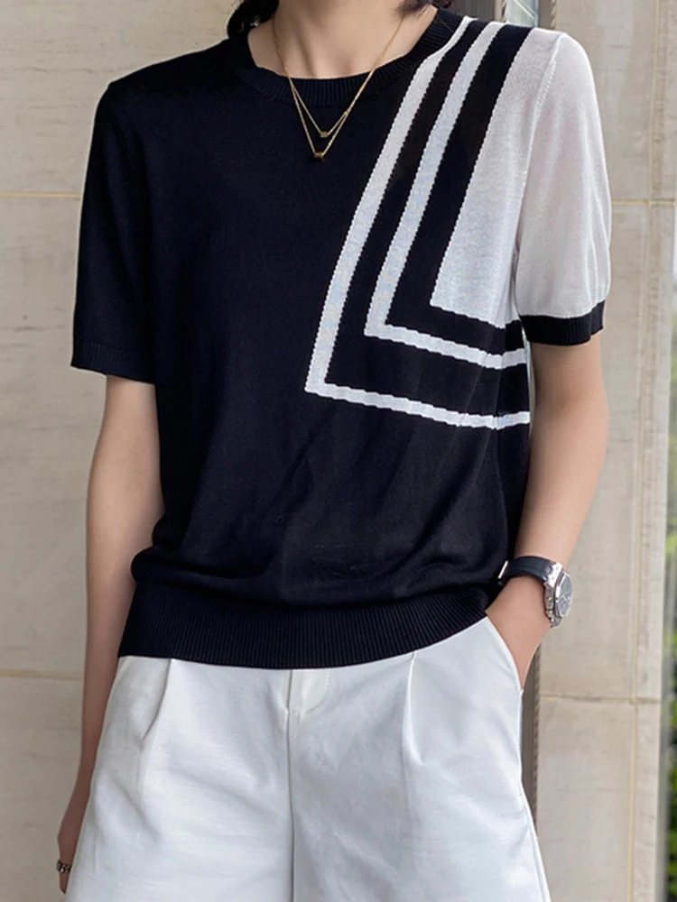 

Black White Knitted Tshirt Thin Ice Silk Tops Patchwork Short Sleeve O Neck Loose T Shirts Female 2022 Summer Clothes For Women