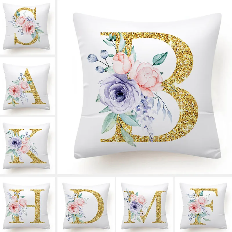 

Watercolor Flowers Leaf Decorative Sofa Cushions Golden Letters Cushion Cover45x45 Polyester Pillows Cover Home Decor Pillowcase