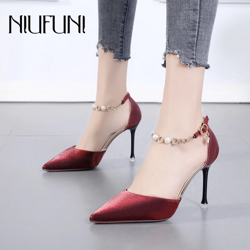 

Rhinestone Pearl Beaded Chain Buckle Women Sandals Pointed Silk Solid Color Stiletto Heels Pumps Summer Wedding Shoes For Women