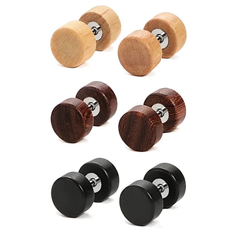 

1Pair Natural Wood Earrings Men Cheater Stud Plugs Classic Set For Women Ear Piercing Style Jewelry Punk Round Dumbbell Earwear