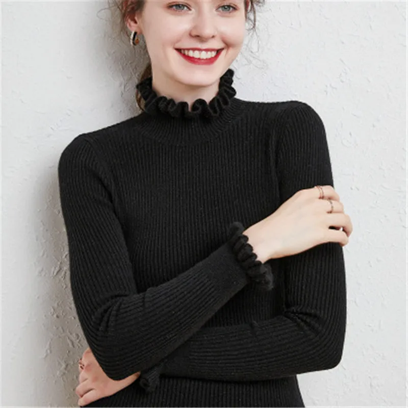 Водолазка однотонная осень-зима кардиган с воланами вязаный джемпер женский