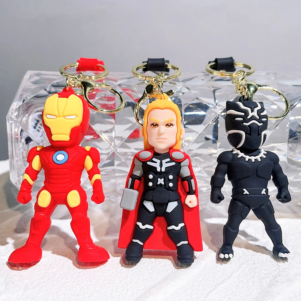 Avengers Superhero Keychains Marvel Iron Man Spiderman Captain America PVC Keyrings Cute Cartoon Anime Doll Pendant Key Holder