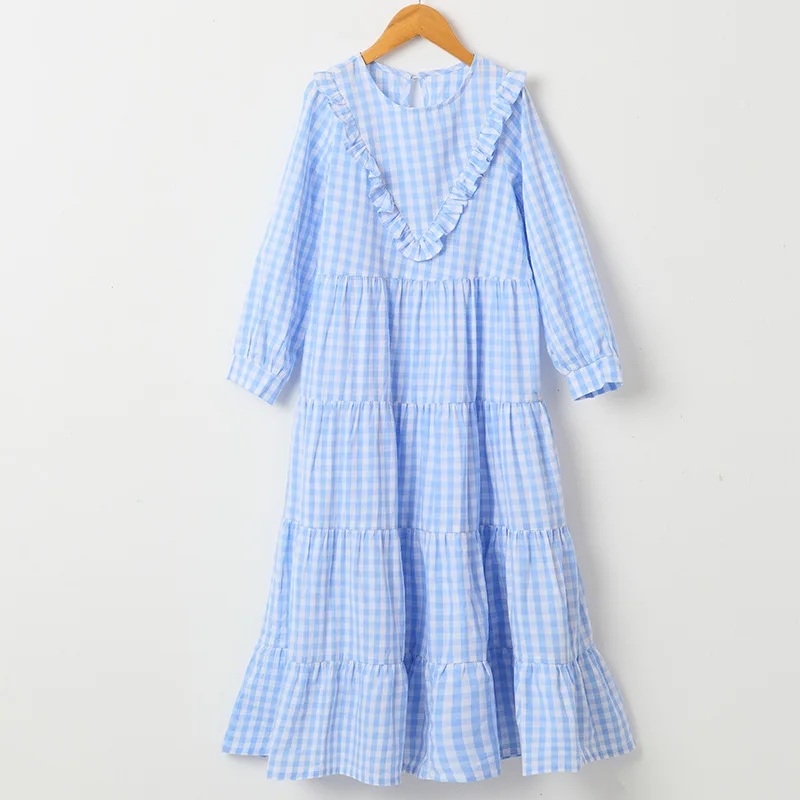 

2022 Spring Korean Style Kids and Teen Girls Elegant Long Style Plaid Dress Children Cotton Loose Casual Clothing Fahion, #9406