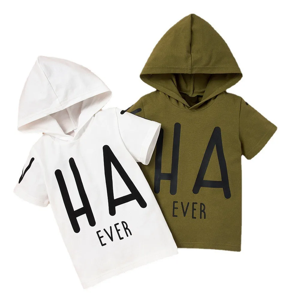 

Wholesale Spring and Summer Infant Kids Boys' Comfortable Short Sleeve Lettered Hooded T-shirt