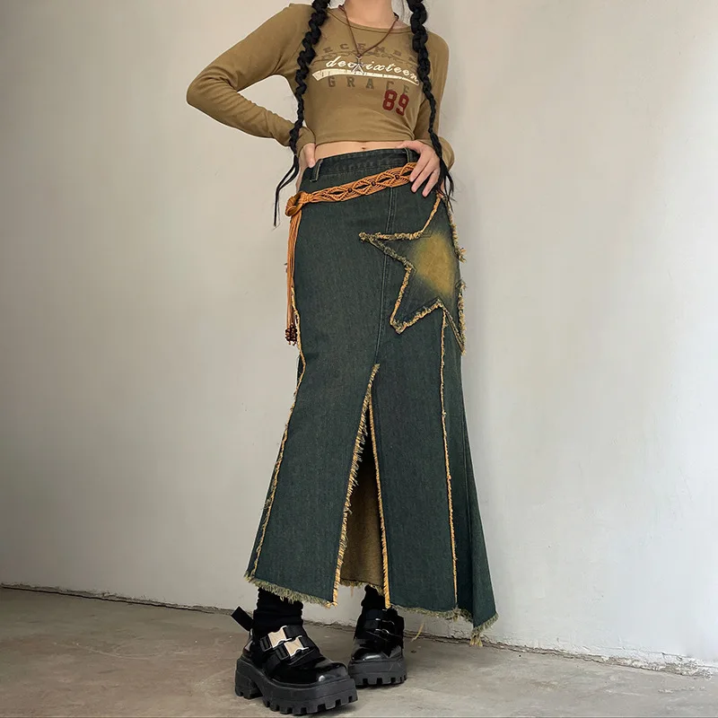 

Harajuku Japanese Long Split Fishtail Skirts Women All Match Vintage Y2k Star Printed 2023 Faldas Goth Jeans Casual Skirt Korean