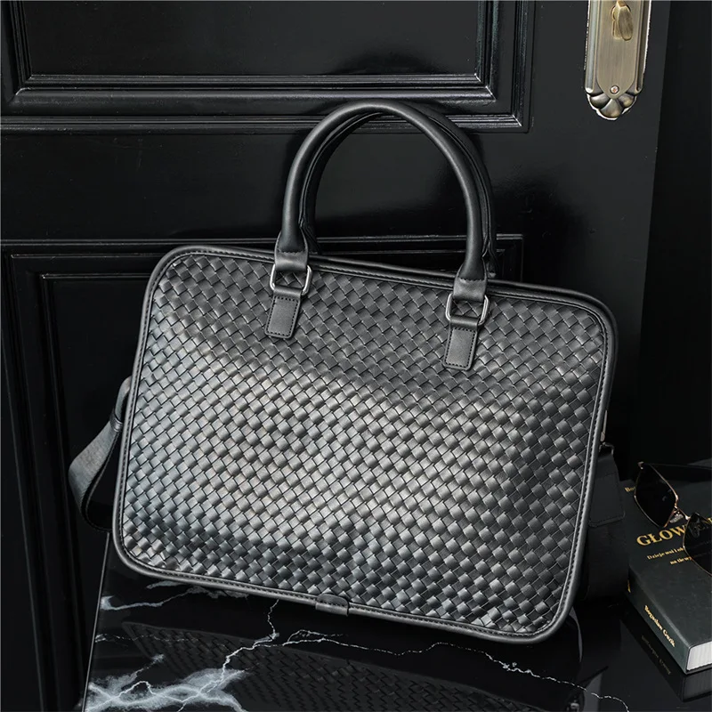 Luxury Woven Leather Men's Handbags Top-Handle Bags Fashion Business Men Tote Bag With Shoulder Strap Messenger Bags Briefcase