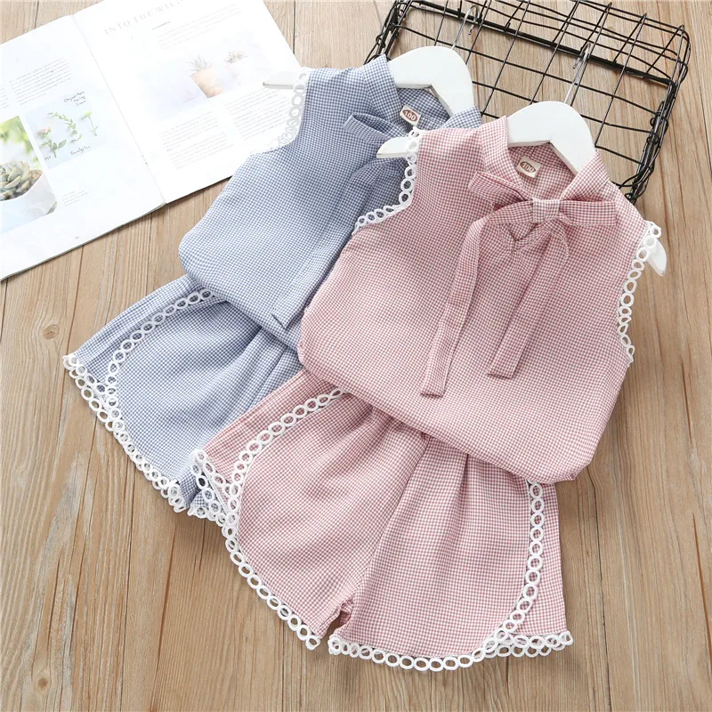 

Baby Girls Clothes Suits 2022 Summer Lacing Collar Plaid Toddler Girl Kids Clothing Tshirt Tops Waistband Pants Set 2-7Y