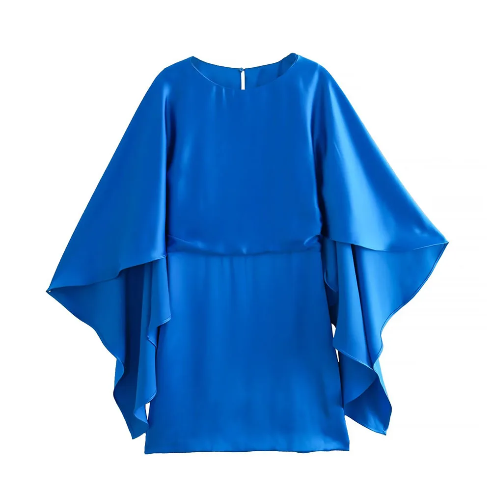 

Summer new fashion women's retro temperament round neck leak back cape sleeve silk satin texture mini dress