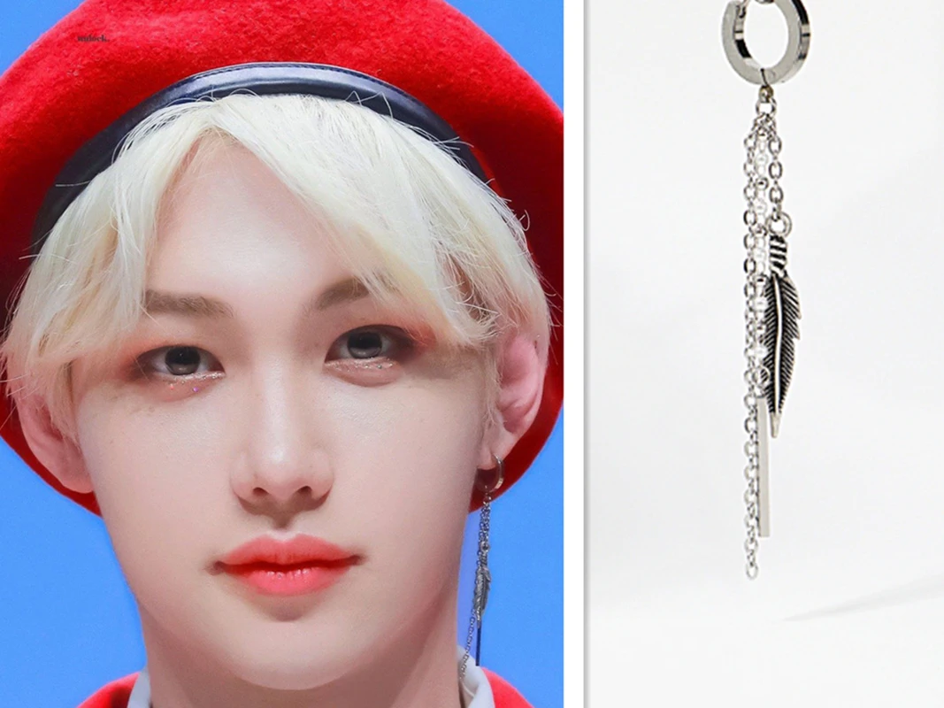 

K-pop New Stainless Steel Earrings Men's Chain Feathers Men's Group Fans Accessories Jewelry Celebrity Gifts