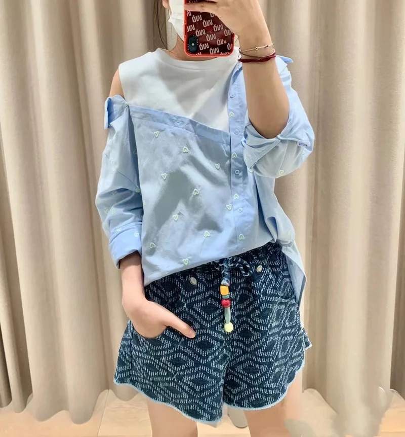 

Women's Shirt Fake Two Piece Heart Embroidered Long Sleeve Fashion Blouse