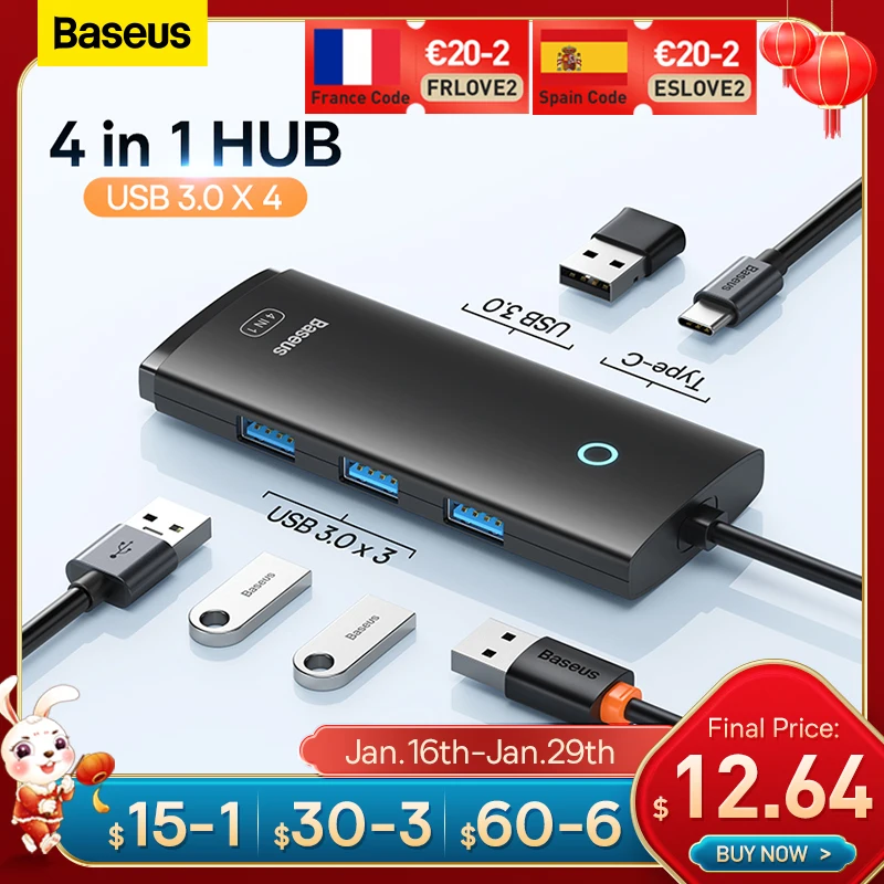 Baseus Lite Series 4-Port USB HUB Adapter USB Type C to USB 3.0 HUB Splitter Adapter for MacBook Pro iPad Docking Station HUB