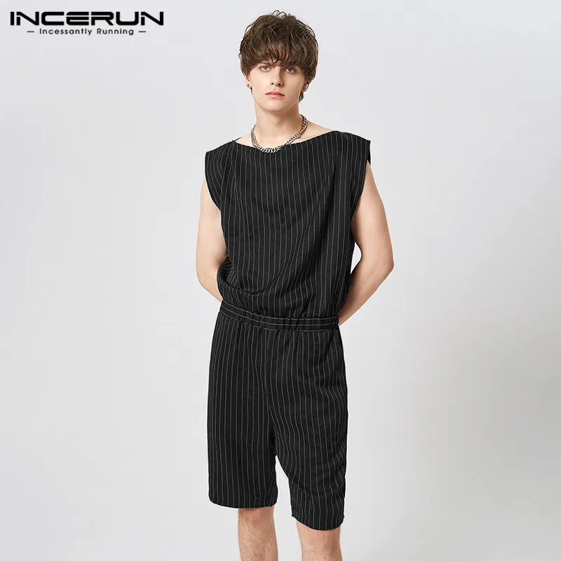 

INCERUN Men Jumpsuits Striped Off Collar Sleeveless Elastic Waist Casual Rompers Streetwear 2023 Male Playsuits Overalls S-5XL