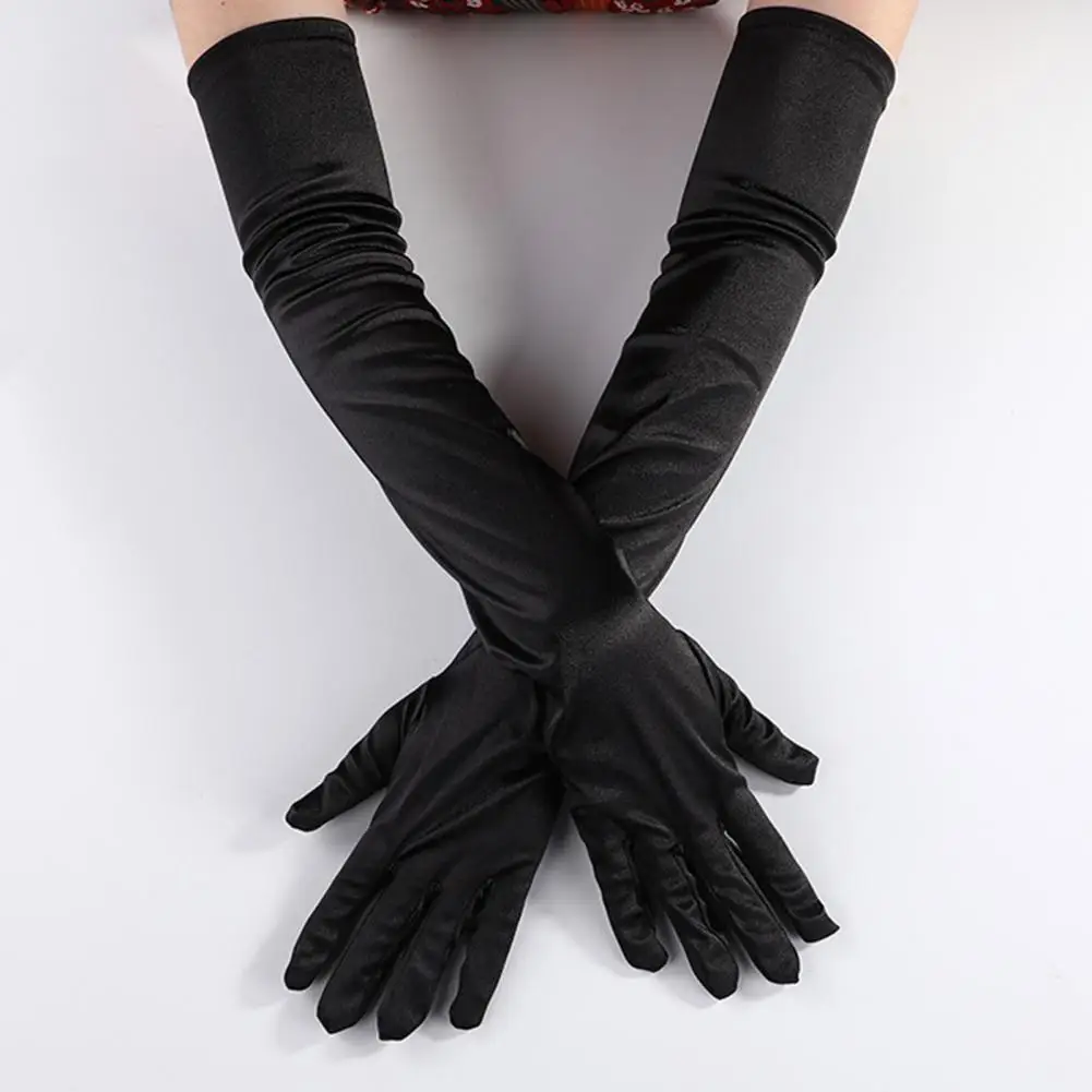 

1 Pair Gloves Elastic Fade-Resistant Washable Vivid Color Decorative Satin Women Elbow Length Wedding Evening Party Long Gloves