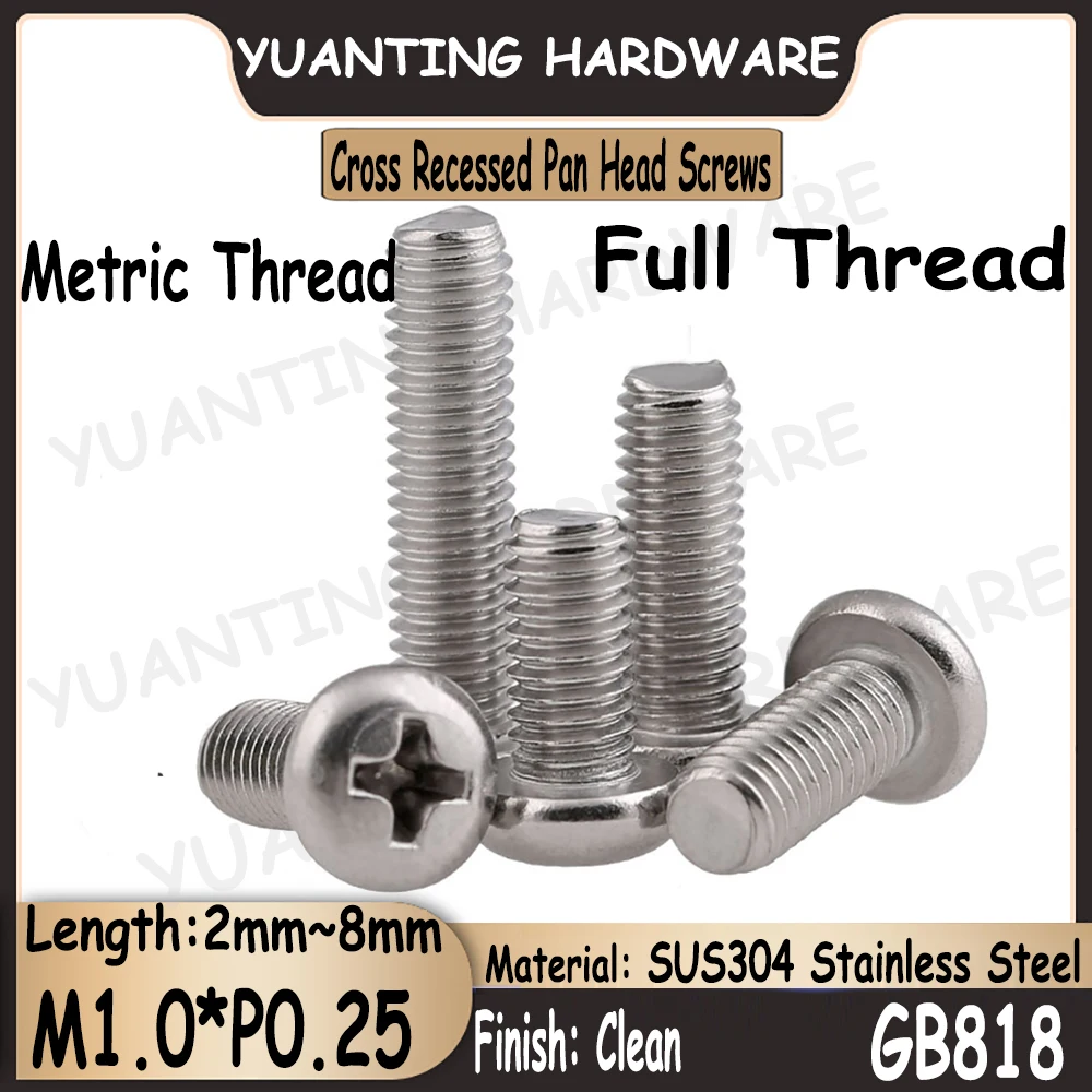 

100Pcs M1.0xP0.25x2mm~8mm Metric Coarse Thread GB818 SUS304 Stainless Steel Cross Recessed Phillips Pan Head Tiny Screws