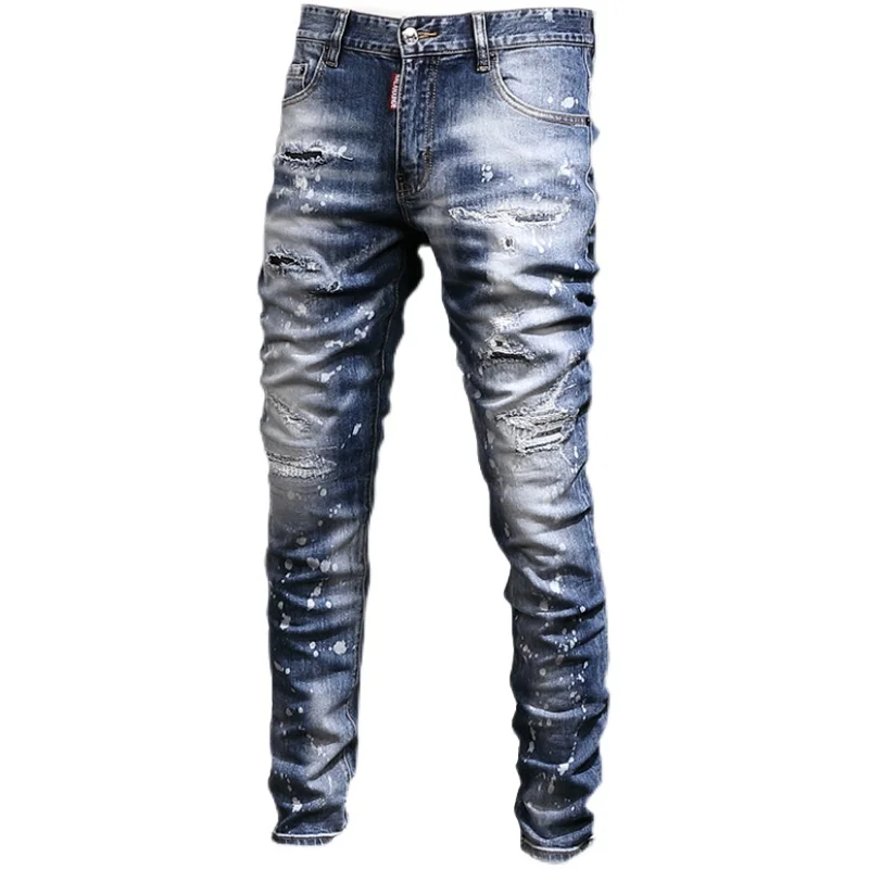 Street Fashion Trousers Men Jeans Retro Blue Elastic Slim Fit Hole Ripped Jeans Men Painted Designer Hip Hop Brand Pants Hombre