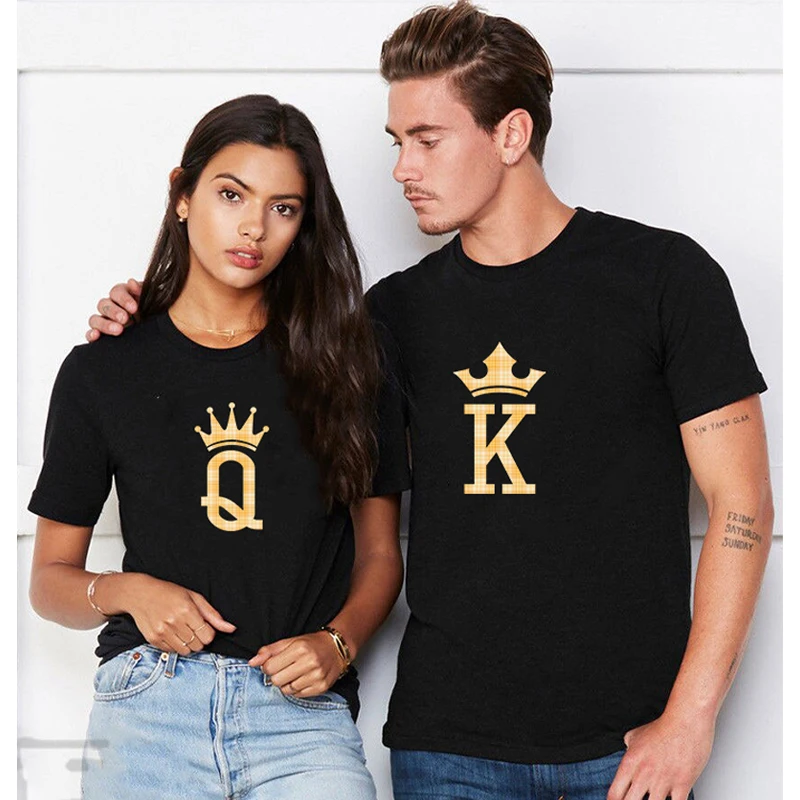 

Парная Повседневная летняя футболка с принтом Король Королева Однотонная футболка с коротким рукавом топы для влюбленных брендовая одежда для мужчин и женщин