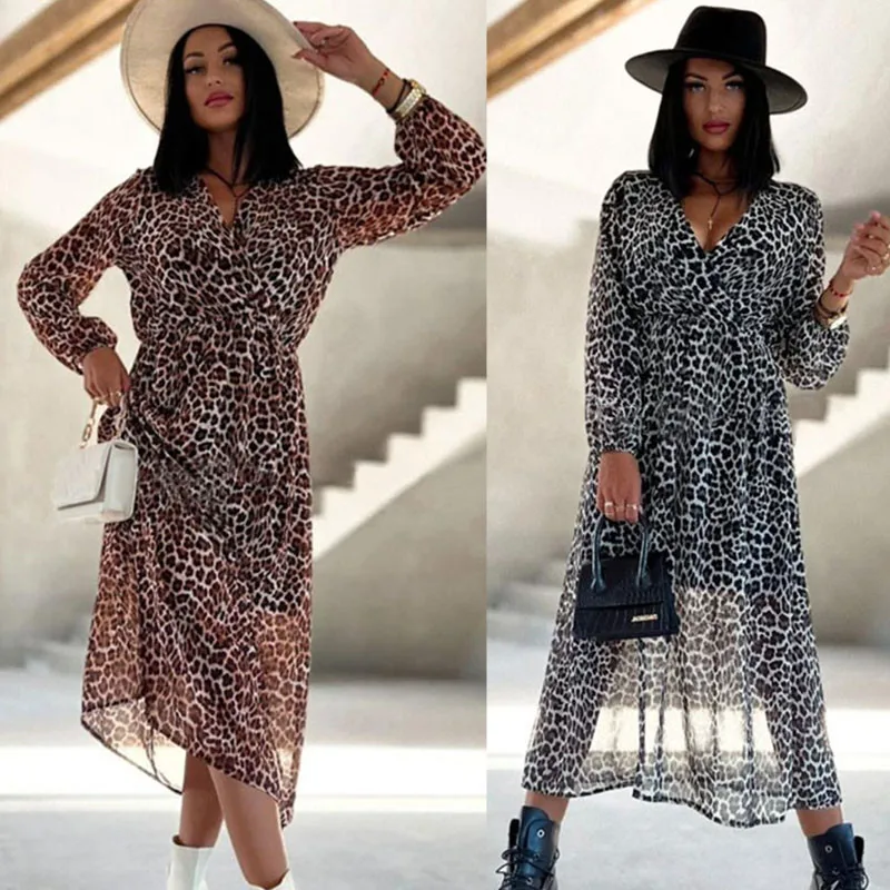 

2023 New Spring Summer V-Neck Long Sleeve Leopard Fashion Print Dress