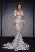 women birthday prom celebrate outfit bar evening dancer dress flashing silver sequins rhinestones mermaid tailing drag queen