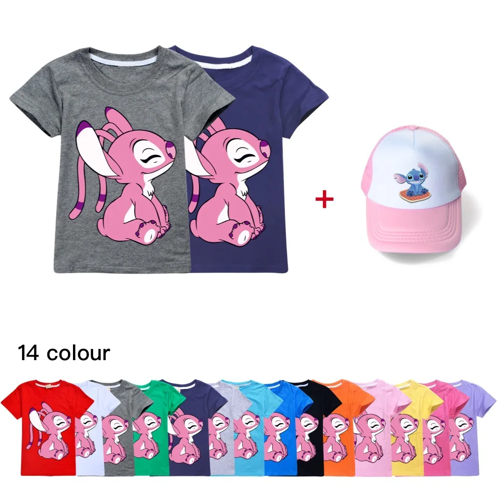 

2022 Summer Kids Fashion Men's and Women's Disney Stitch Short Sleeve T Shirts + Hats Kids Boys T Shirts Baby Tops Girls Clothes