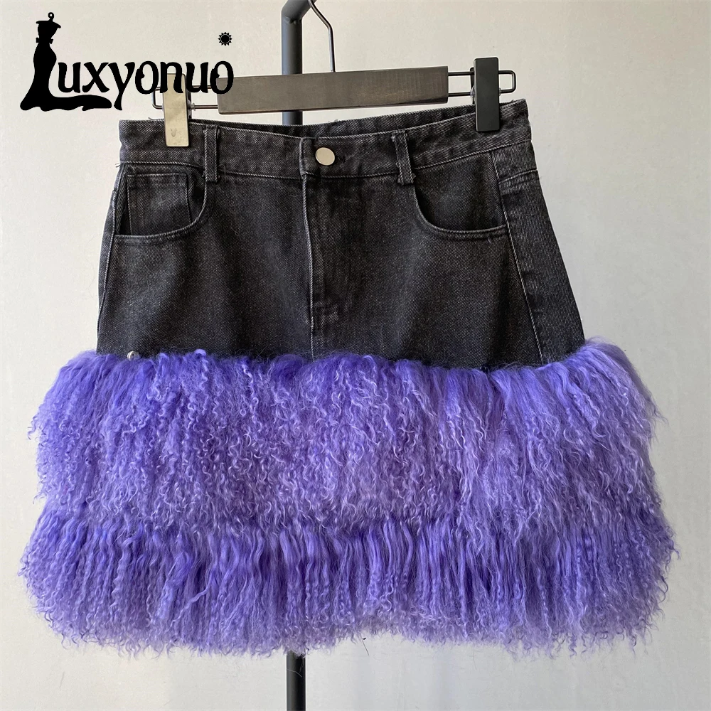 Джинсовая юбка Luxyonuo с натуральным монгольским овечьим мехом весна 2024 модные юбки