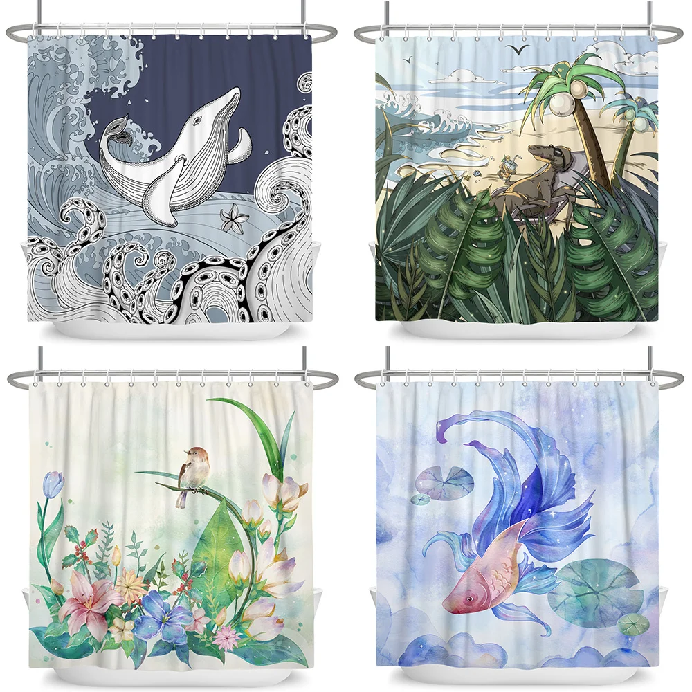 

Cute Animals Shower Curtains With Hooks 3D Waterproof Bathroom Accessories Decor Whale Dinosaur Birds Fish Bathtub Curtain