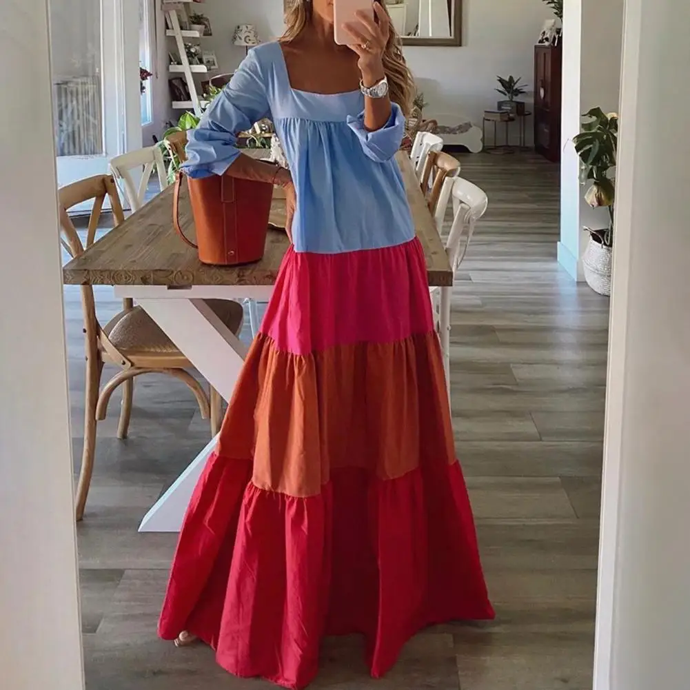 

Women Dress Color Patchwork Block Ruffles Vintage Contrast Colors Slash Neck Loose A-Line Maxi Dress Streetwear