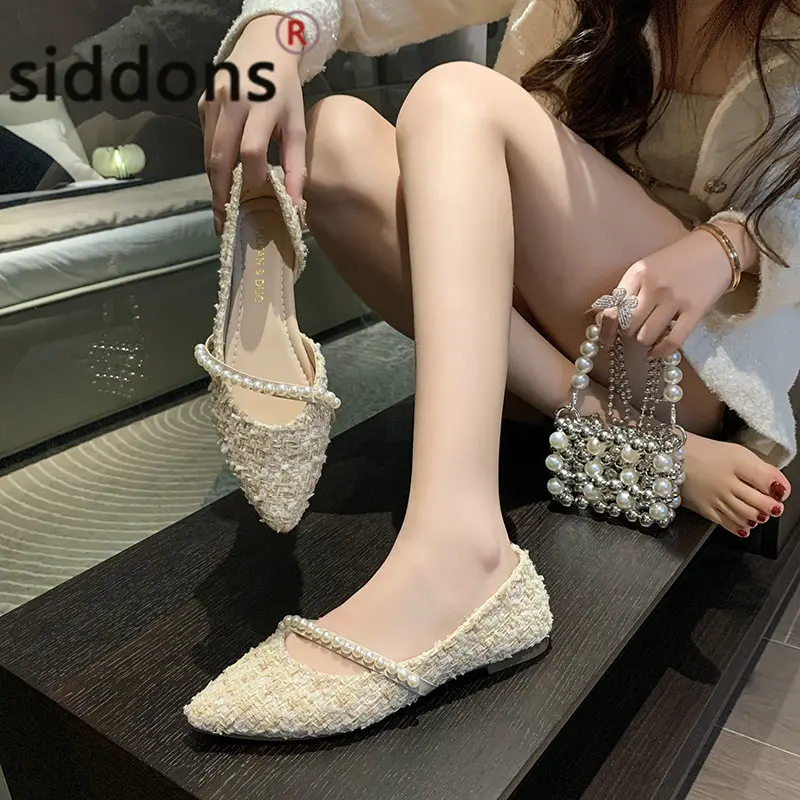 2023 pearl decoration women's flat shoes summer hot selling women's pointy flat shoes