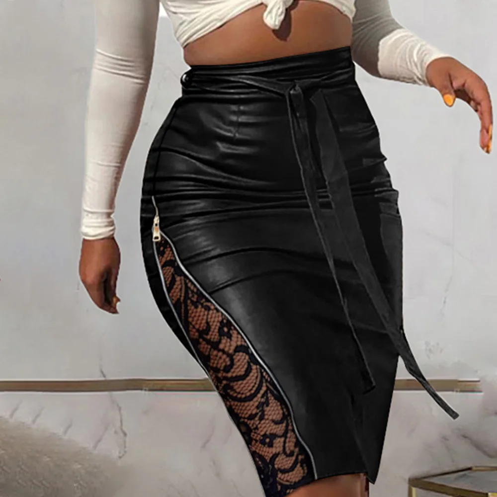 

Fashion Retro Black Women Skirt Zipper Solid Color Knee-length PU Sexy Lady Skirt Lace Patchwork Spring Autumn Hip Skirt