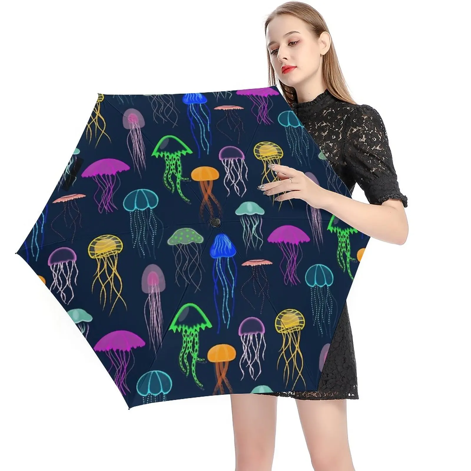 

Colorful Jellies 5 Fold 6 Ribs Umbrella Jellyfish Print Ligthweight Pocket Umbrella Windproof Umbrellas for Men Women