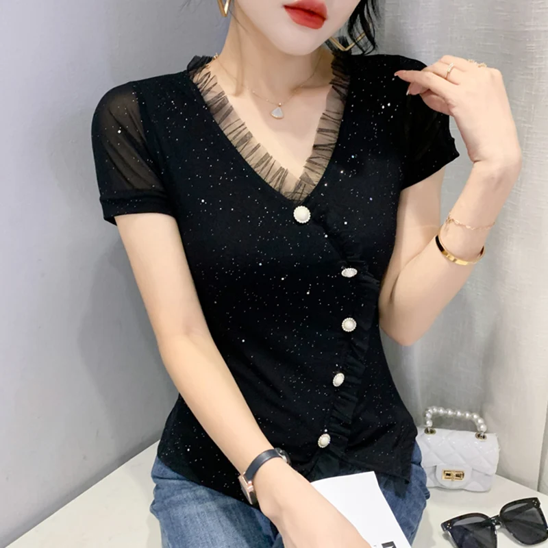 Женская футболка с коротким рукавом V-образным вырезом |