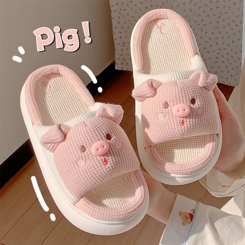 

Women Linen Slippers Cute Pig Cotton Slippers Non Slip Sweat-absorbing Linen Cloth Soft Thick Sole Winter Winter Home Slippers