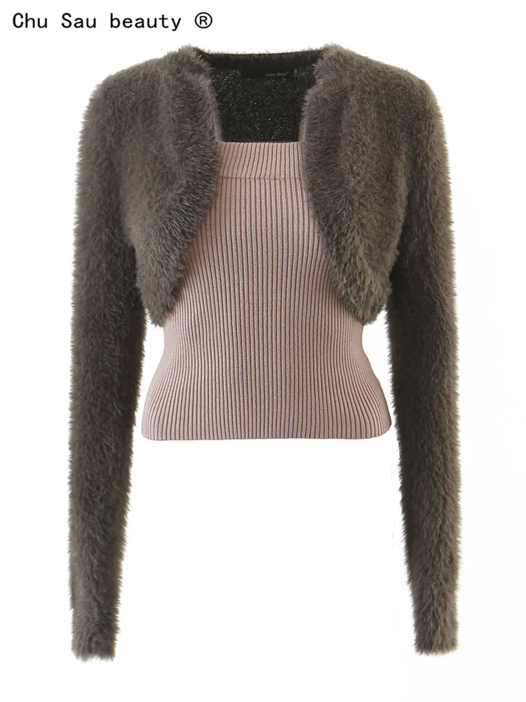 

2022 Autumn Winter New Cute Short Plush Knitted Cardigan Sweater Women Coat Crop Top + Chic Camis Two-Piece Suit Female